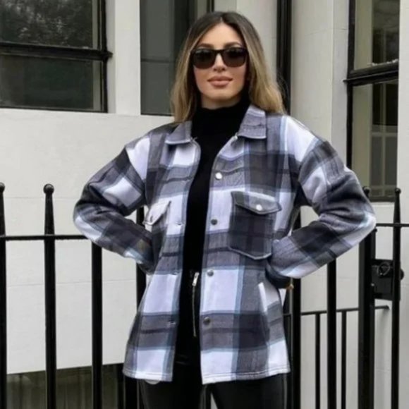 Black Plaid Check Long Sleeve Loose Fit Shacket Shirt Jacket - Picture 6 of 8